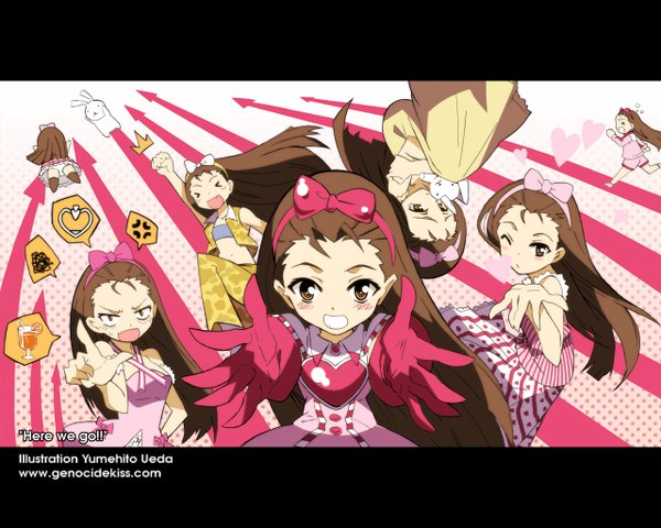 Anime picture 1280x1024 with idolmaster minase iori ueda yumehito long hair open mouth brown hair multiple girls brown eyes one eye closed wink hand on hip letterboxed 6+ girls multiple persona 7 girls anger vein girl dress gloves bow