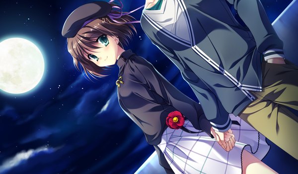 Anime picture 1024x600 with da capo iii katsuragi himeno takano yuki (allegro mistic) short hair blue eyes smile brown hair wide image game cg cloud (clouds) night couple girl dress boy moon beret