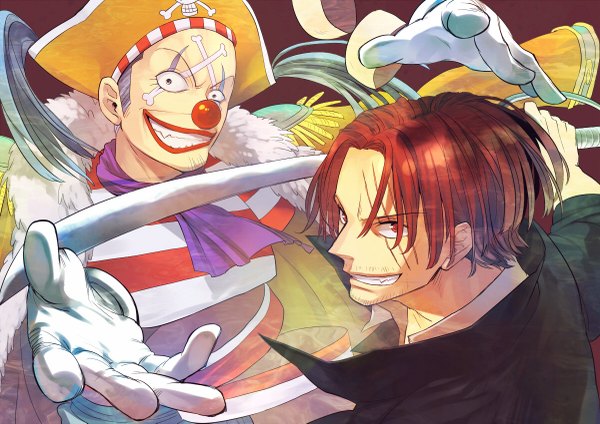 Anime picture 1200x849 with one piece toei animation shanks buggy the clown noco (adamas) short hair smile red eyes blue hair red hair scar striped face paint clown boy gloves hat scarf