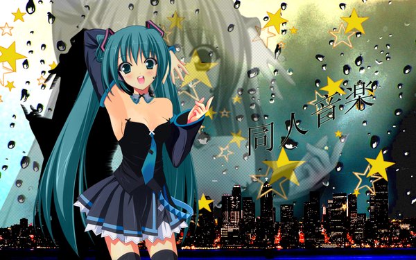 Anime picture 1920x1200 with vocaloid hatsune miku highres wide image green eyes aqua hair city girl thighhighs star (symbol) microphone