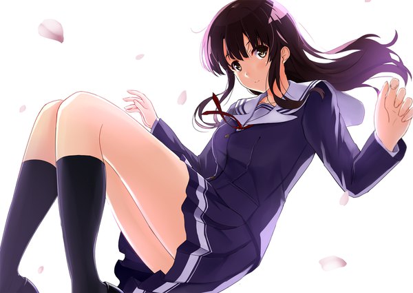 Anime picture 1920x1360 with saenai heroine no sodatekata a-1 pictures katou megumi mizuki ame single long hair looking at viewer blush fringe highres simple background brown hair white background brown eyes pleated skirt floating hair spread arms girl skirt uniform