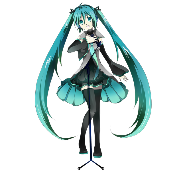 Anime picture 1920x1920 with vocaloid hatsune miku mariwai (marireroy) single long hair highres open mouth twintails aqua eyes aqua hair transparent background girl thigh boots microphone