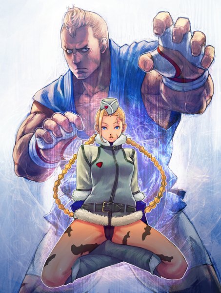 Anime picture 755x1000 with street fighter capcom cammy white abel boyaking(sbf) long hair tall image looking at viewer short hair blue eyes light erotic simple background blonde hair sitting braid (braids) twin braids scar muscle fighting stance girl