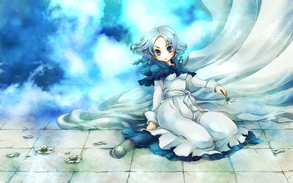 Anime picture 1920x1200 with touhou kumoi ichirin toropp (artist) highres blue eyes wide image sky silver hair girl flower (flowers)