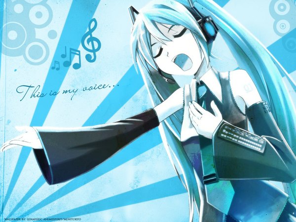 Anime picture 1024x768 with vocaloid hatsune miku single long hair open mouth twintails eyes closed aqua hair blue background singing girl detached sleeves necktie