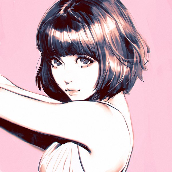 Anime picture 1080x1080 with original ilya kuvshinov single looking at viewer fringe short hair breasts black hair simple background smile bare shoulders payot upper body blunt bangs head tilt arm up black eyes shadow sleeveless lipstick