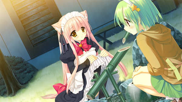 Anime picture 1024x576 with nekonade distortion nanakase gizmo nanakase shikiko long hair blush short hair wide image sitting multiple girls animal ears yellow eyes pink hair game cg green hair cat ears maid cat girl girl ribbon (ribbons) 2 girls