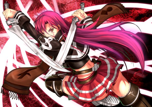Anime picture 3507x2480 with original soyokaze single long hair looking at viewer highres red eyes absurdres purple hair facial mark girl skirt weapon sword jacket scarf thigh boots