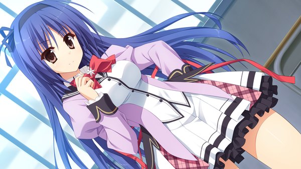 Anime picture 1280x720 with koishiki manual shinomiya shinobu saeki nao single long hair looking at viewer blush wide image blue hair game cg light smile black eyes hand on hip girl skirt uniform hair ornament bow ribbon (ribbons) hair ribbon