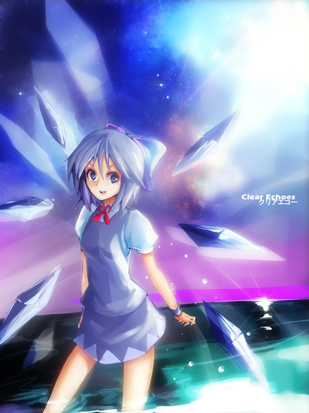 Anime picture 1800x2400 with touhou cirno clearechoes single tall image looking at viewer highres short hair open mouth blue eyes smile signed blue hair girl dress water crystal wristlet