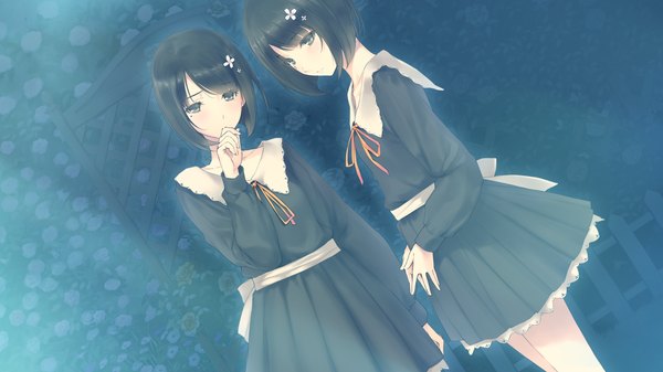 Anime picture 1280x720 with flowers (innocent grey) innocent grey ringo sasaki short hair black hair wide image multiple girls game cg black eyes girl dress uniform hair ornament 2 girls school uniform