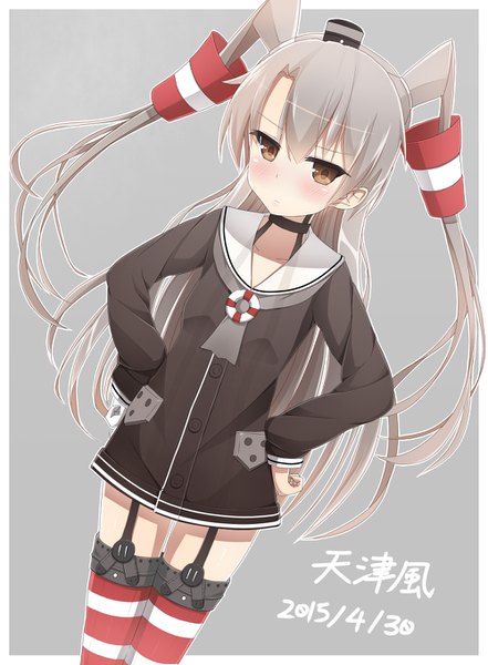 Anime picture 1000x1360 with kantai collection amatsukaze destroyer kaie single tall image looking at viewer blush simple background brown eyes grey hair grey background two side up character names hand on hip border dated girl thighhighs hat garter straps