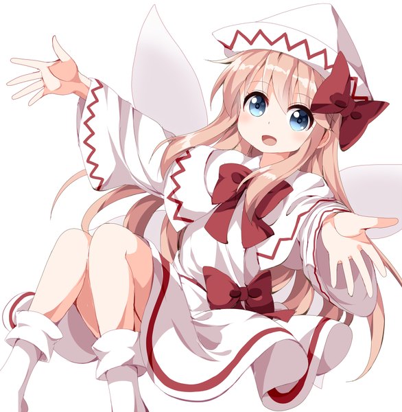 Anime picture 977x1000 with touhou lily white ruu (tksymkw) single long hair tall image looking at viewer blush open mouth blue eyes blonde hair simple background white background sitting spread arms girl bow hat wings socks