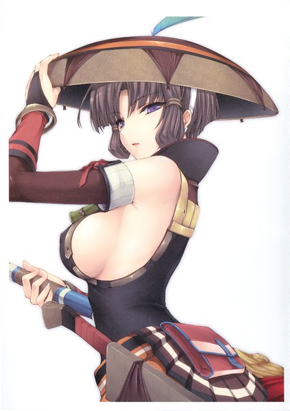Anime picture 1232x1747 with monster hunter monster hunter portable 3rd yukumo (armor) kizuki aruchu single tall image fringe short hair light erotic simple background brown hair white background purple eyes bare shoulders parted lips scan sideboob turning head arched back adjusting hat