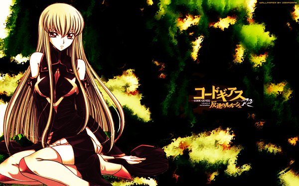 Anime picture 1440x900 with code geass sunrise (studio) c.c. single long hair looking at viewer fringe blonde hair wide image sitting bare shoulders brown eyes payot bent knee (knees) arm support copyright name alternate hair color girl detached sleeves boots