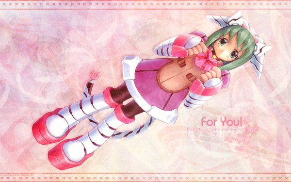 Anime picture 1680x1050 with goto p single looking at viewer blush fringe short hair smile wide image holding green eyes full body tail green hair text pink background english valentine mechanical girl dress