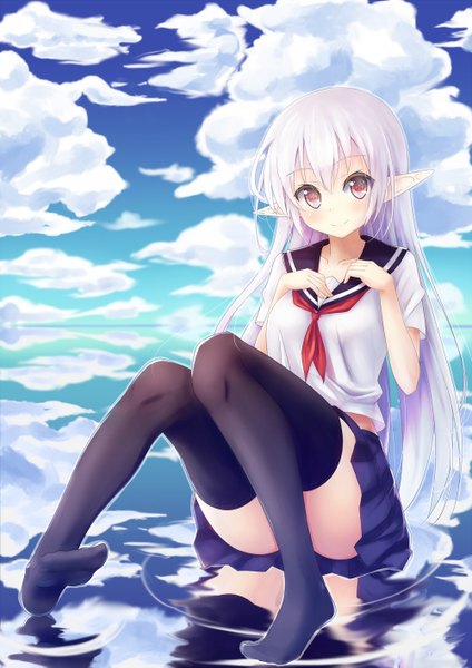 Anime picture 1000x1414 with original heijialan single long hair tall image looking at viewer blush fringe light erotic smile hair between eyes red eyes sitting payot sky cloud (clouds) full body bent knee (knees) white hair pleated skirt