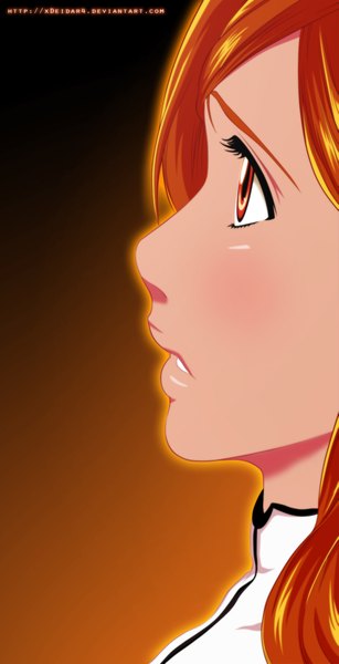 Anime picture 1125x2194 with bleach studio pierrot inoue orihime xdeidar4 single long hair tall image red eyes profile orange hair coloring close-up face orange background girl
