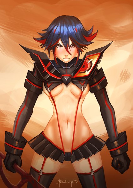 Anime picture 1060x1500 with kill la kill studio trigger matoi ryuuko badcompzero single tall image looking at viewer short hair breasts light erotic black hair standing red hair multicolored hair black eyes two-tone hair midriff underboob colored inner hair girl