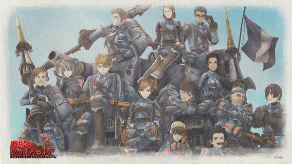 Anime picture 1920x1080 with valkyria chronicles long hair highres short hair black hair brown hair wide image multiple girls eyes closed multiple boys wallpaper 6+ girls 6 girls 6+ boys 7 boys girl boy gloves uniform weapon