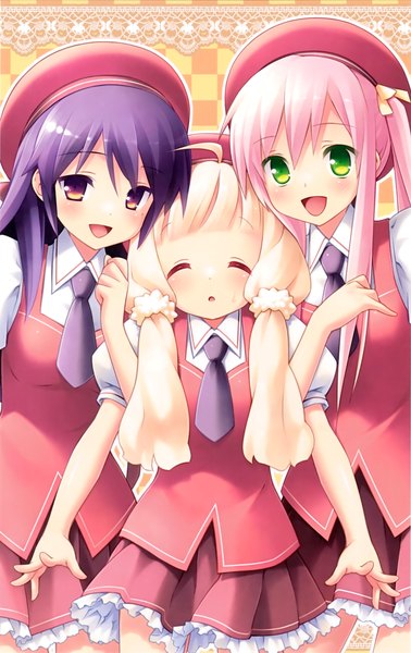 Anime picture 2085x3303 with cafe sourire cuffs (studio) mizushima serika yukishita miyuri ogiwara kyouko gayarou eretto long hair tall image blush highres open mouth blonde hair twintails multiple girls brown eyes green eyes pink hair purple hair ahoge