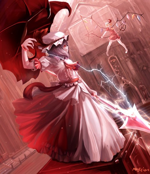 Anime picture 3200x3702 with touhou flandre scarlet remilia scarlet magician (china) tall image highres short hair blonde hair red eyes multiple girls absurdres silver hair lightning girl dress weapon 2 girls wings bonnet laevatein (touhou)