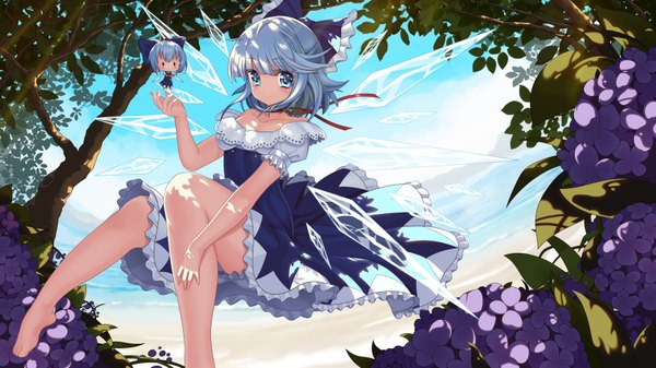 Anime picture 6920x3895 with touhou cirno kofboy single highres short hair blue eyes wide image blue hair absurdres barefoot bare legs chibi solid eyes girl dress flower (flowers) bow plant (plants) hair bow