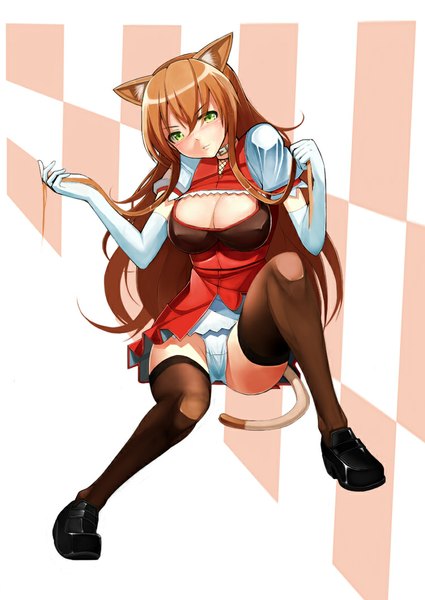 Anime picture 750x1058 with original metalbolic (kinzo) single long hair tall image looking at viewer blush fringe breasts light erotic large breasts green eyes animal ears tail animal tail cat ears orange hair cat girl cat tail girl