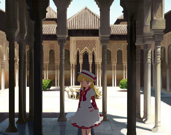 Anime picture 1000x794 with ashita no nadja toei animation nadja applefield moai (aoh) single long hair looking at viewer fringe blue eyes blonde hair standing girl dress hat building (buildings) hat ribbon