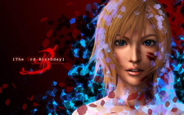 Anime picture 1280x800 with the 3rd birthday (game) aya brea lyzeravern single short hair blue eyes blonde hair wide image bare shoulders lips realistic inscription portrait face girl blood
