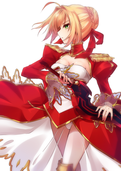 Anime picture 579x819 with fate (series) fate/extra nero claudius (fate) (all) nero claudius (fate) nirugeruge single tall image light erotic simple background holding green eyes looking away ahoge braid (braids) parted lips profile wide sleeves puffy sleeves side braid girl