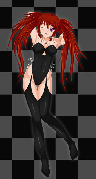 Anime picture 1600x2980 with midnight (artist) single long hair tall image twintails purple eyes red hair one eye closed wink pointing checkered background girl thighhighs black thighhighs