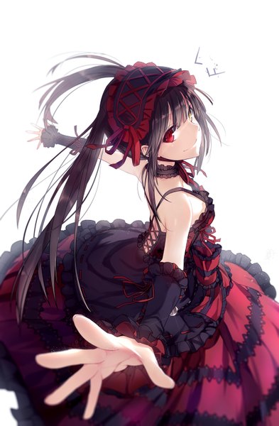 Anime picture 1000x1525 with date a live tokisaki kurumi lf single long hair tall image looking at viewer fringe black hair simple background smile red eyes standing white background twintails bare shoulders yellow eyes payot blunt bangs depth of field