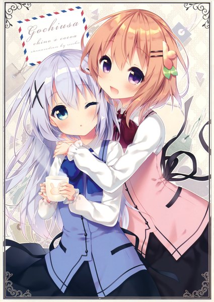 Anime picture 2339x3300 with gochuumon wa usagi desu ka? white fox kafuu chino hoto cocoa riichu long hair tall image blush highres short hair open mouth blue eyes blonde hair purple eyes multiple girls blue hair one eye closed scan hug girl