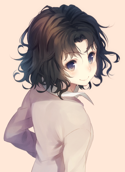Anime picture 656x900 with amagami tanamachi kaoru paseri single tall image looking at viewer blush fringe short hair blue eyes simple background smile brown hair looking back messy hair girl