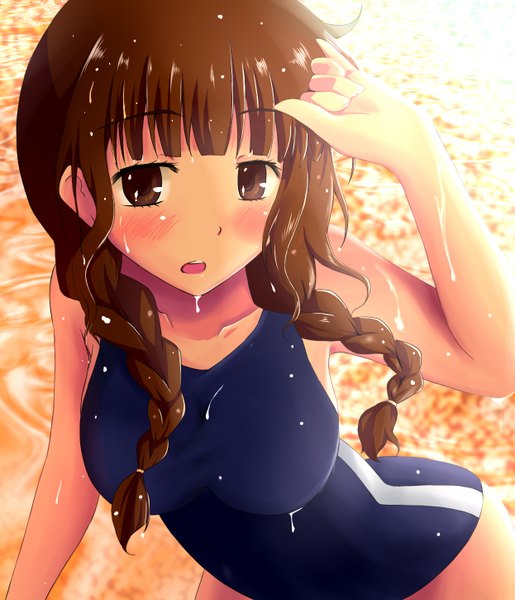 Anime picture 1246x1450 with hanasaku iroha p.a. works oshimizu nako pman (kazumi) single long hair tall image blush open mouth light erotic brown hair brown eyes braid (braids) wet girl swimsuit