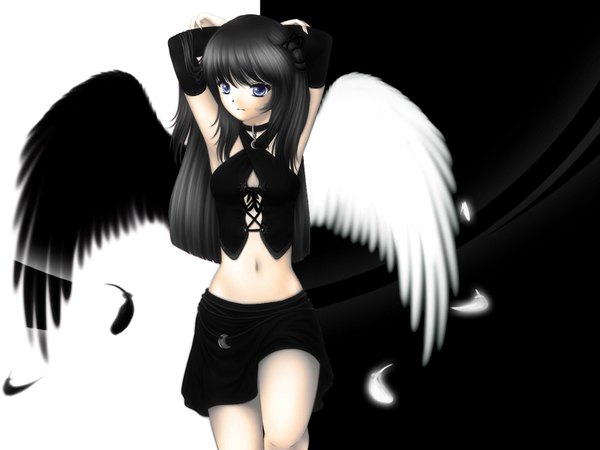 Anime picture 1600x1200 with original hitana single long hair blue eyes black hair standing looking away bent knee (knees) arms behind head angel girl skirt navel wings feather (feathers)