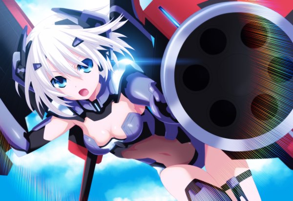 Anime picture 1200x826 with date a live tobiichi origami eroishi single short hair open mouth blue eyes light erotic sky cloud (clouds) white hair coloring mecha musume girl navel