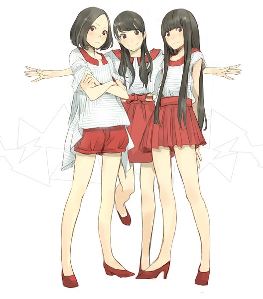 Anime picture 1056x1200 with perfume (group) ayano omoto (nocchi) yuka kashino (kashiyuka) ayaka ishiwaki (a-chan) yoshito (u10) long hair tall image looking at viewer blush fringe short hair black hair simple background smile white background multiple girls brown eyes pleated skirt spread arms crossed arms