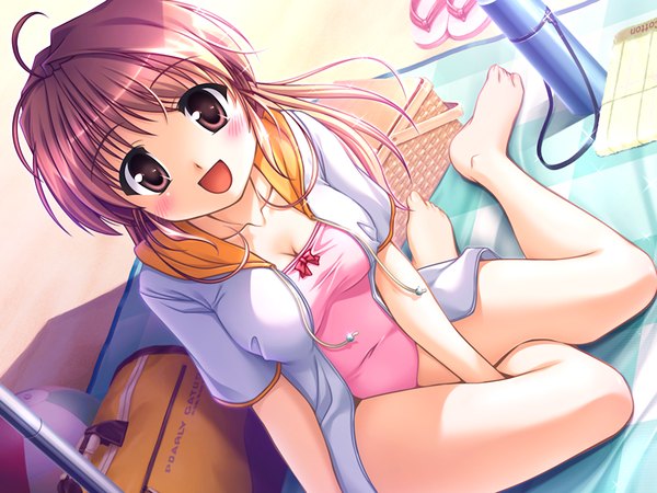 Anime picture 1200x900 with fortune arterial august soft yuuki haruna single long hair looking at viewer blush fringe breasts open mouth brown hair sitting brown eyes payot game cg bent knee (knees) :d barefoot hair flower open jacket