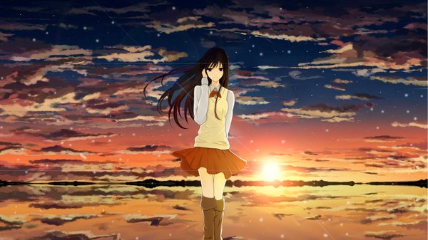 Anime picture 4408x2480 with original guanghe zuoyong de de yezi single long hair looking at viewer fringe highres black hair wide image standing purple eyes absurdres sky cloud (clouds) pleated skirt light smile floating hair lens flare adjusting hair evening