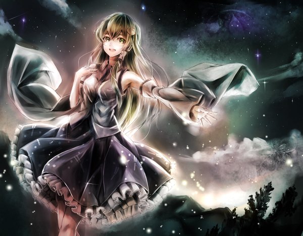 Anime picture 1300x1013 with touhou kochiya sanae jan (lightdragoon) single long hair looking at viewer breasts open mouth smile green eyes sky outdoors long sleeves traditional clothes japanese clothes green hair night night sky outstretched arm revision