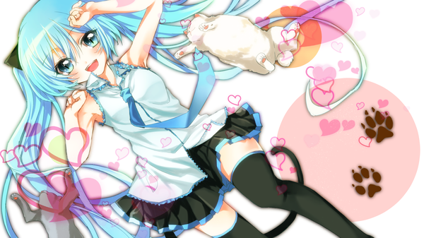 Anime picture 1600x900 with vocaloid hatsune miku tsukasa kinako long hair looking at viewer blush open mouth smile wide image twintails bare shoulders animal tail aqua eyes aqua hair cat tail girl thighhighs skirt animal cat