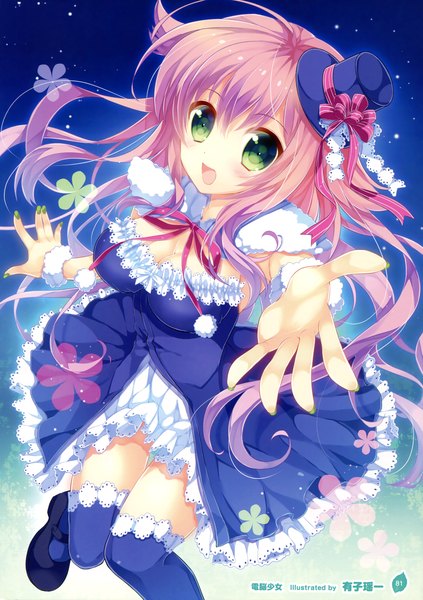 Anime picture 2540x3600 with girls, girls, girls! 10 (artbook) ariko youichi single long hair tall image looking at viewer blush highres open mouth green eyes purple hair scan official art girl thighhighs dress black thighhighs hat frills mini hat