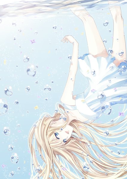 Anime picture 842x1190 with original shino (syllable) long hair tall image looking at viewer open mouth blue eyes blonde hair smile bare shoulders sunlight underwater sunbeam dress water white dress sundress bubble (bubbles)