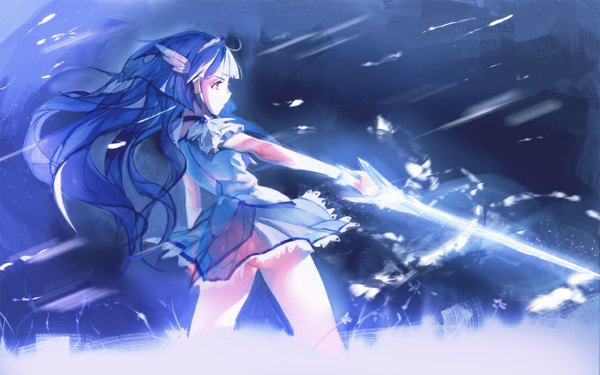 Anime picture 1120x700 with precure toei animation aoki reika cure beauty ekao single long hair blue eyes light erotic wide image blue hair ass no panties girl dress sword