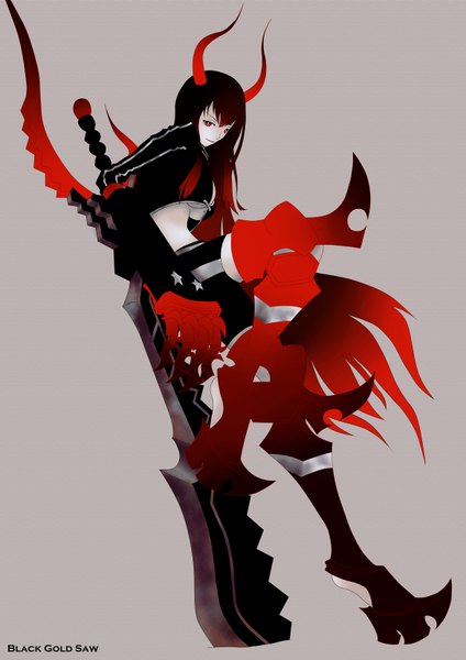 Anime picture 1169x1654 with black rock shooter black gold saw ikarisu (artist) single long hair tall image breasts black hair simple background smile red eyes red hair multicolored hair horn (horns) two-tone hair text girl weapon sword jacket