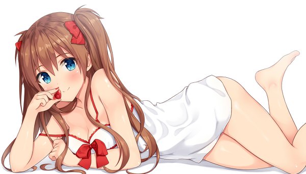 Anime picture 1200x684 with neon genesis evangelion gainax soryu asuka langley hiiragi hajime single long hair looking at viewer blush blue eyes light erotic simple background smile brown hair wide image white background twintails cleavage lying nail polish barefoot