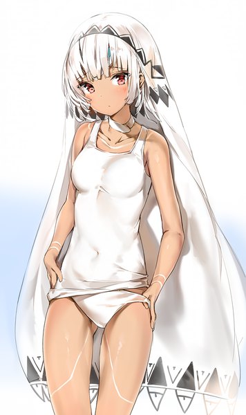 Anime picture 890x1500 with fate (series) fate/grand order altera (fate) silver (chenwen) single tall image looking at viewer blush fringe short hair light erotic simple background red eyes standing bare shoulders white hair :o tattoo dark skin covered navel
