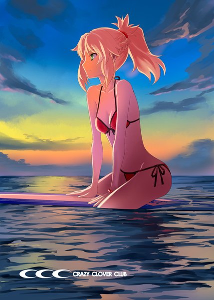 Anime picture 715x1000 with fate (series) fate/grand order fate/apocrypha mordred (fate) mordred (swimsuit rider) (fate) shirotsumekusa single long hair tall image fringe breasts light erotic blonde hair sitting green eyes signed payot looking away sky cleavage